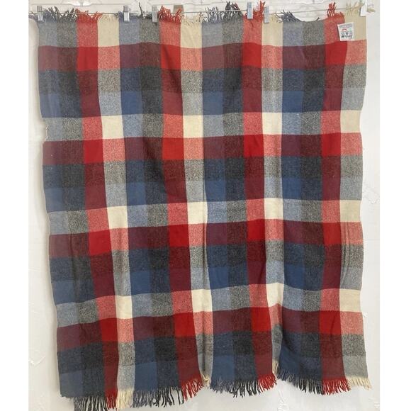 Faribault Woolen Mill Blanket Throw Plaid Fringed Blue Orange Cream FLAWS USA Wo - Picture 4 of 11